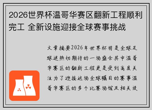 2026世界杯温哥华赛区翻新工程顺利完工 全新设施迎接全球赛事挑战