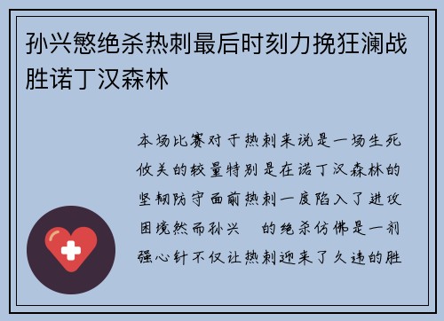 孙兴慜绝杀热刺最后时刻力挽狂澜战胜诺丁汉森林