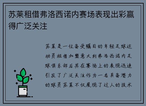 苏莱租借弗洛西诺内赛场表现出彩赢得广泛关注