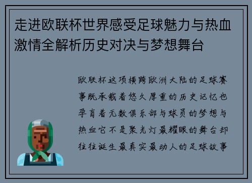 走进欧联杯世界感受足球魅力与热血激情全解析历史对决与梦想舞台